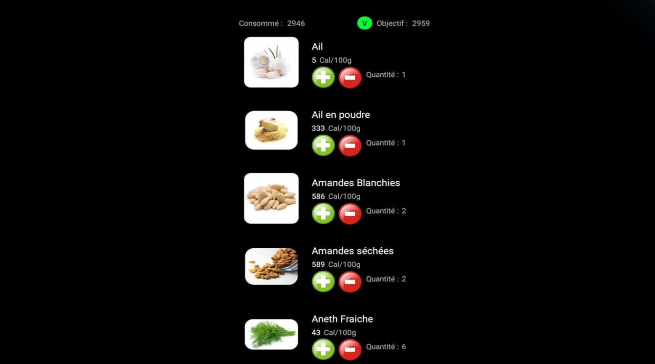 Liste des aliments proposés à l'utilisateur